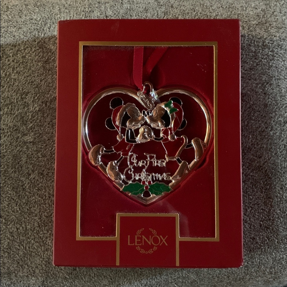 Lenox mickey and Minnie kissing our first Christmas ornament 2024 metal